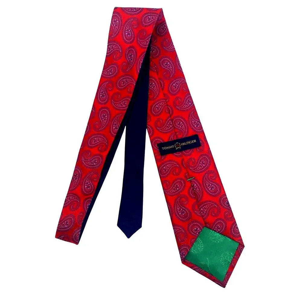 Tommy Hilfiger Necktie Red With Blue Paisley Silk Mens 61”x3.5”